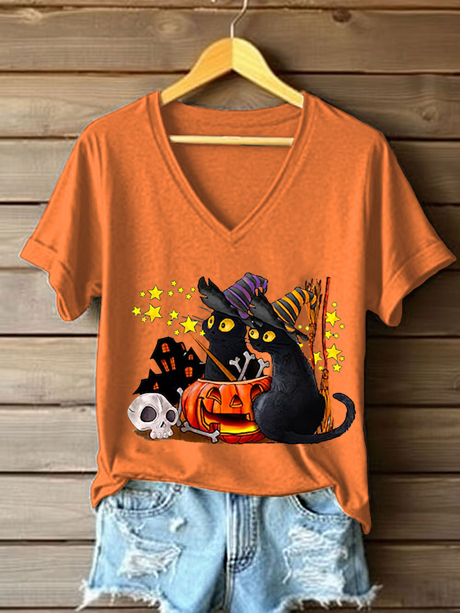 Women's Retro Halloween Cat Pumpkin Short Sleeve T-Shirt