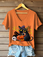 Women's Retro Halloween Cat Pumpkin Short Sleeve T-Shirt