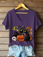 Women's Retro Halloween Cat Pumpkin Short Sleeve T-Shirt