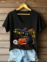 Women's Retro Halloween Cat Pumpkin Short Sleeve T-Shirt