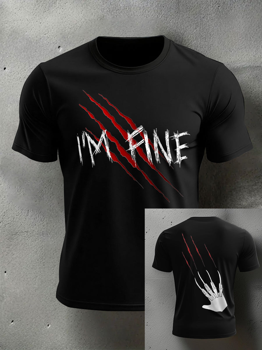 Men's Funny Halloween I'm Fine Scratch Print Casual Tee