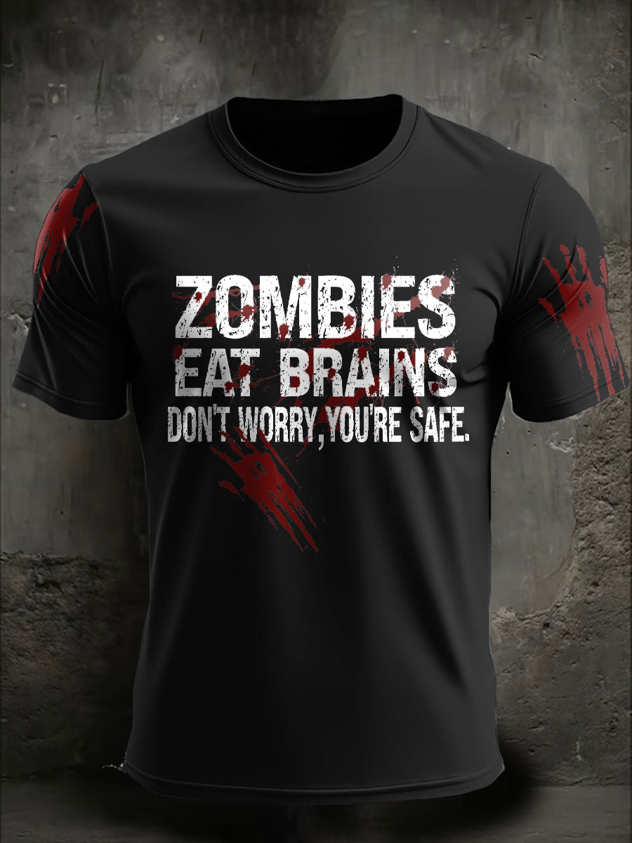 Men's Halloween Funny Zombies Eat Brains Printed T-shirt