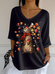Women's It’s Fall Y’all Cute Cat Printed V-Neck Top