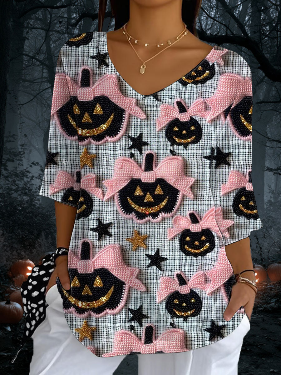 Women's Halloween Pumpkin Print Casual Half Sleeve Top
