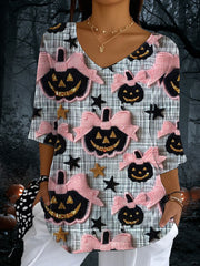 Women's Halloween Pumpkin Print Casual Half Sleeve Top