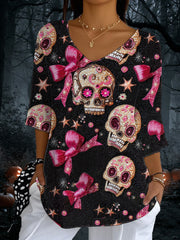 Women's Halloween Skull Print Casual Half Sleeve Top