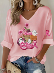 Women's Breast Cancer Pink Pumpkin Print Casual T-shirt