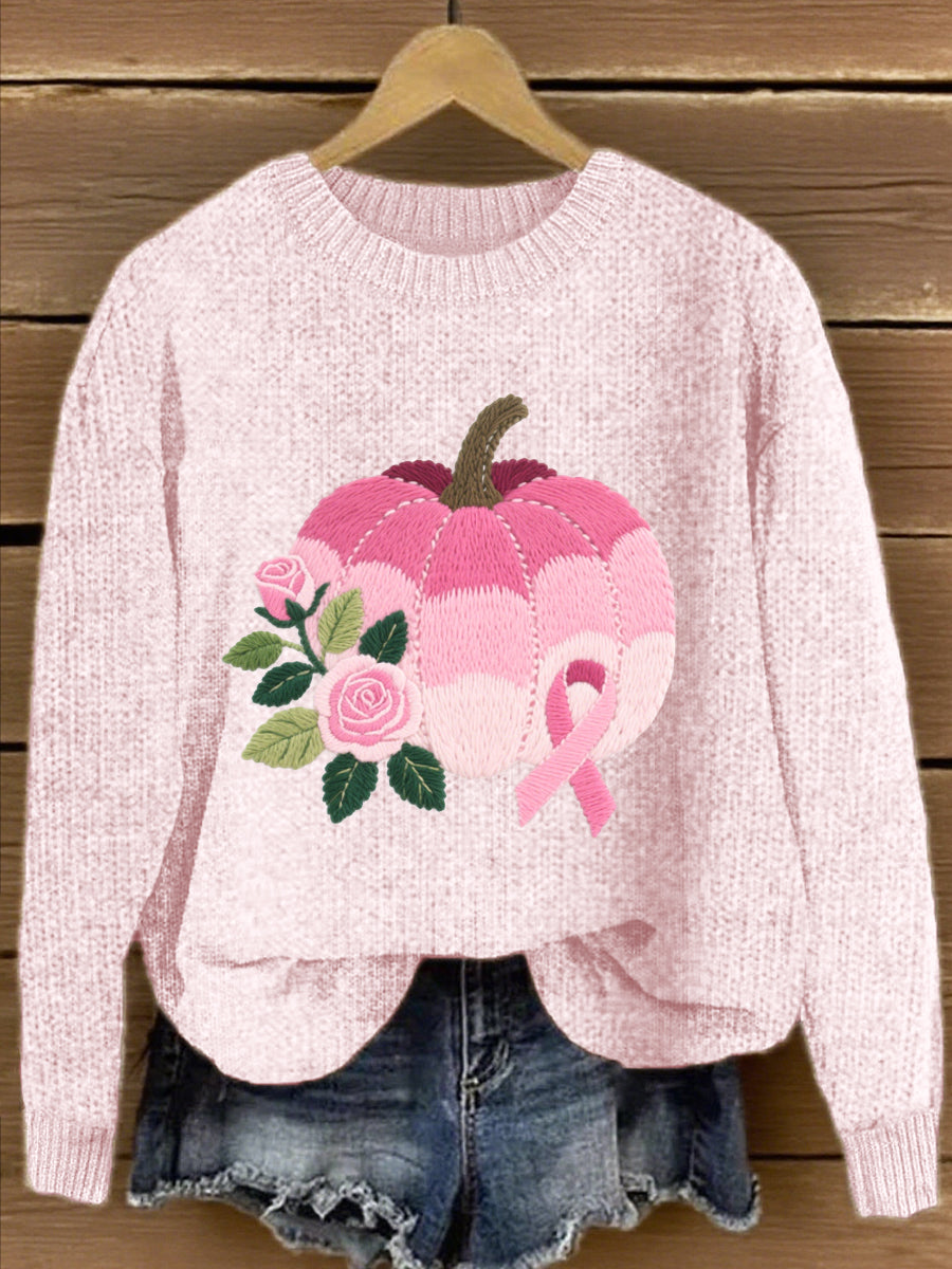 Women's Pink Floral Pumpkin Embroidered Knit Sweater
