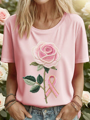 Women's Pink Rose Ribbon Embroidered T-Shirt