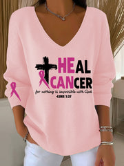 Women's Breast Cancer Awareness Heal Cancer Pink Ribbon V-Neck Ribbed Top