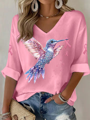 Women's Pink Ribbon Jeweled Hummingbird Print Breast Cancer Awareness Support Long Sleeve Top
