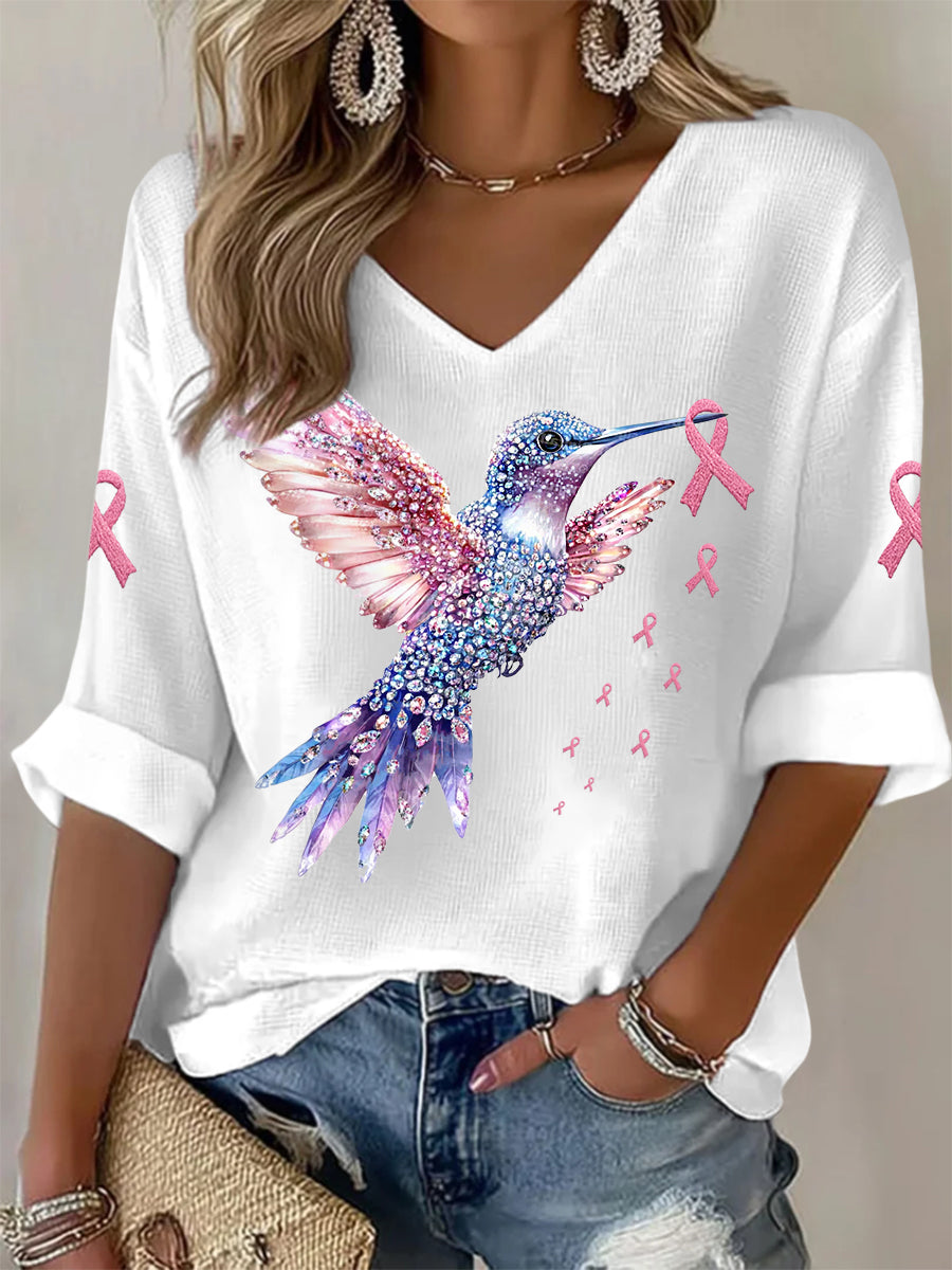Women's Pink Ribbon Jeweled Hummingbird Print Breast Cancer Awareness Support Long Sleeve Top