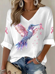 Women's Pink Ribbon Jeweled Hummingbird Print Breast Cancer Awareness Support Long Sleeve Top