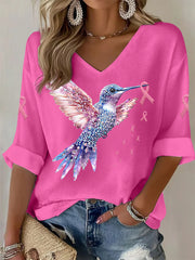 Women's Pink Ribbon Jeweled Hummingbird Print Breast Cancer Awareness Support Long Sleeve Top