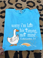Women's Sorry I'm Late His Timing Not Mine Ecclesiastes 3:1 Funny Silly Goose Print Religious Humor Tee