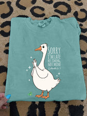Women's Sorry I'm Late His Timing Not Mine Ecclesiastes 3:1 Funny Silly Goose Print Religious Humor Tee