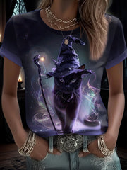 Women's Halloween Funny Cat Printed T-shirt