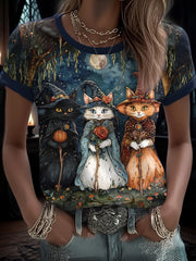 Women's Halloween Funny Cat Printed T-shirt