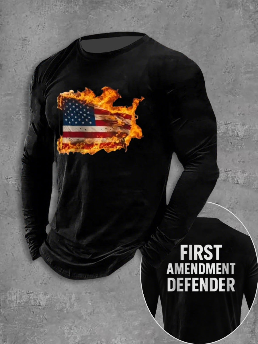 Men's Burning Flag First Amendment Defender Long Sleeves T-shirt