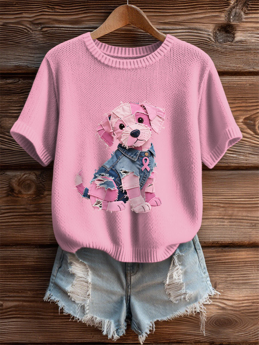 Women's Breast Cancer Awareness Denim Puppy Print T-Shirt