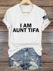 Women's  I Am Aunt Tifa Aunties Against Fascists V-Neck Tee