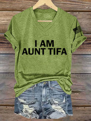 Women's  I Am Aunt Tifa Aunties Against Fascists V-Neck Tee